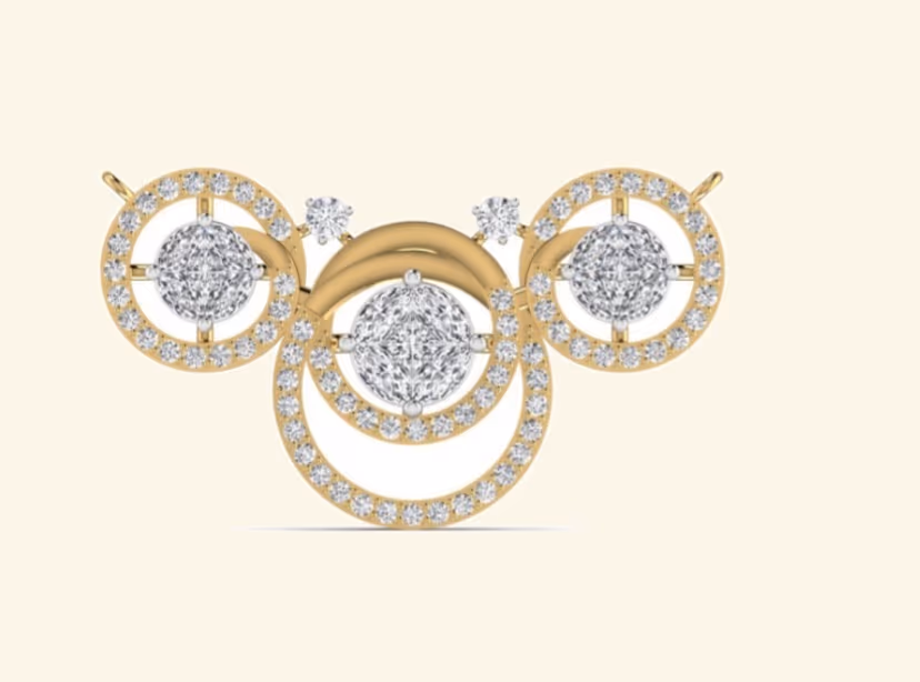 Three-circle scrollwork mangalsutra centerpiece with central pavé cluster.