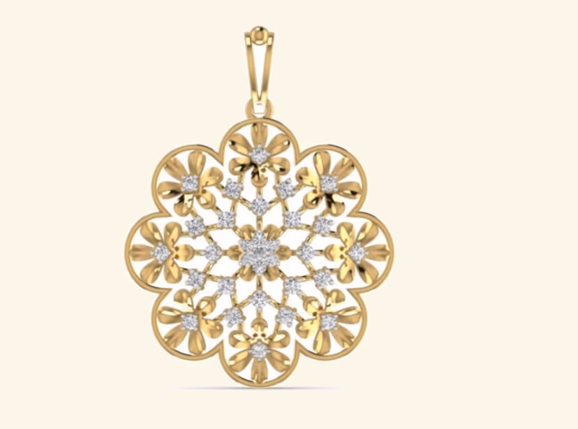 Eight-petal flower openwork pendant with central pavé cluster.