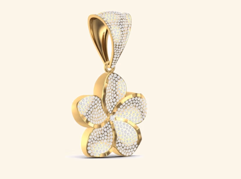 Five-petal plumeria flower pendant with full pavé and matching pavé bail.