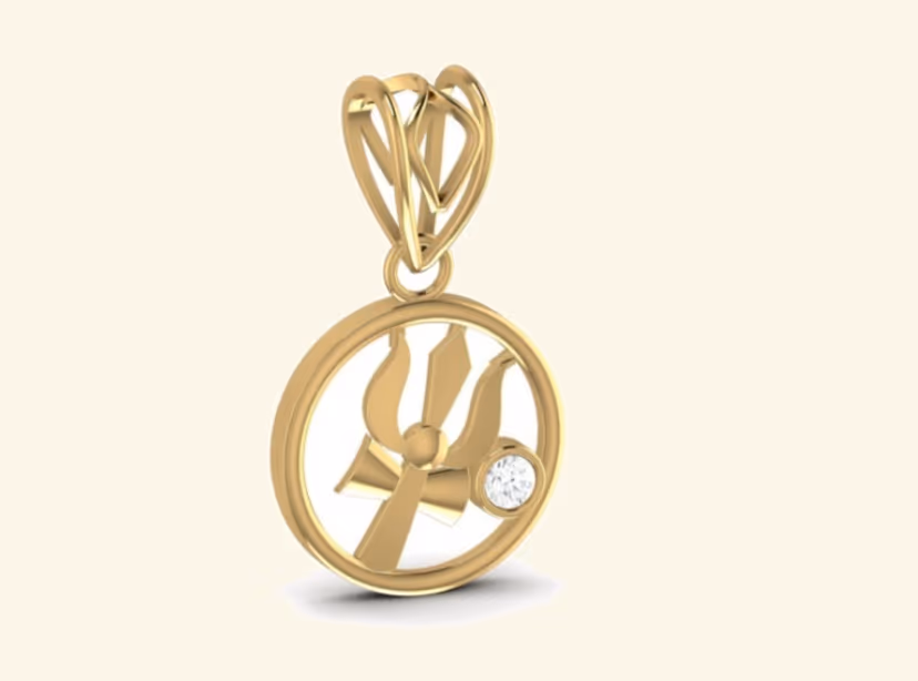Round Shiva trishul pendant with single bezel-set diamond accent.