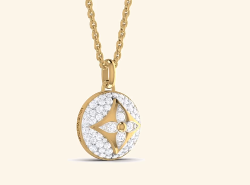 Round Louis-Vuitton-style monogram coin pendant with pavé infill.
