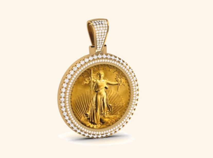 Liberty gold-coin pendant in pavé bezel halo with pavé bail.
