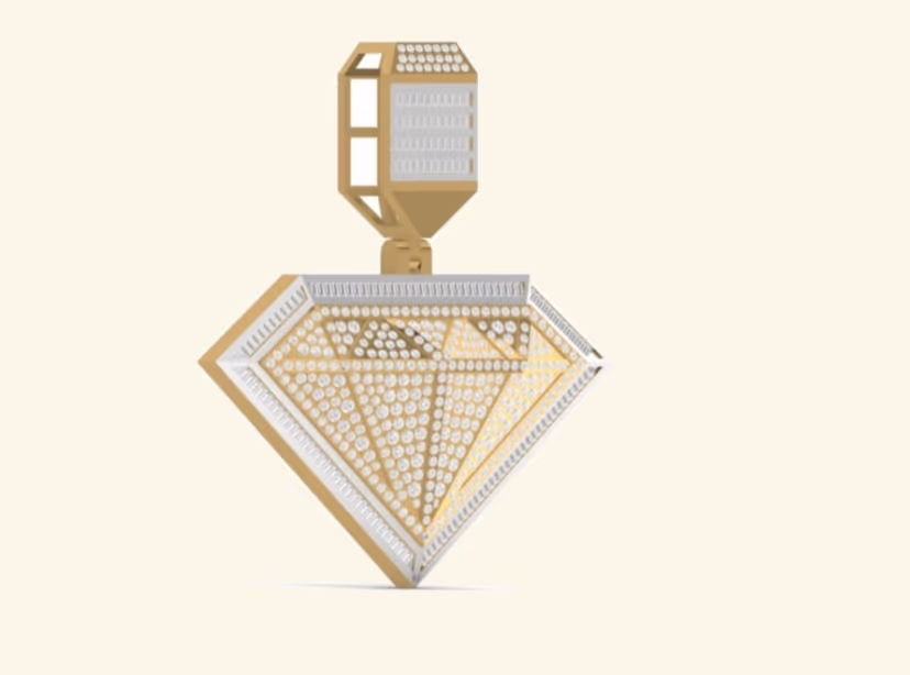 3D iced gem-cut diamond outline pendant with pavé top bail.