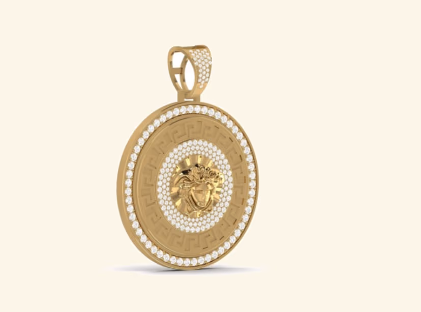 Versace Medusa pendant in pavé halo with Greek-key inner ring.
