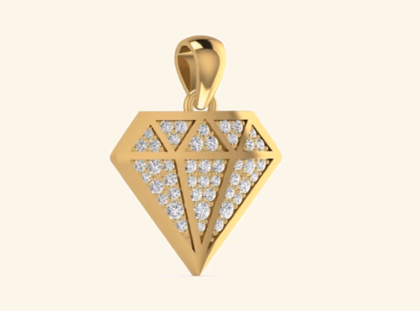 Iced gem-cut diamond pendant with pavé fill and gold bezel frame.