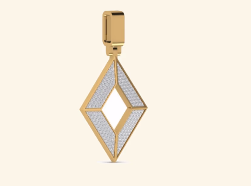 Two-tone rhombus open frame pendant with pavé infill and slim bail.