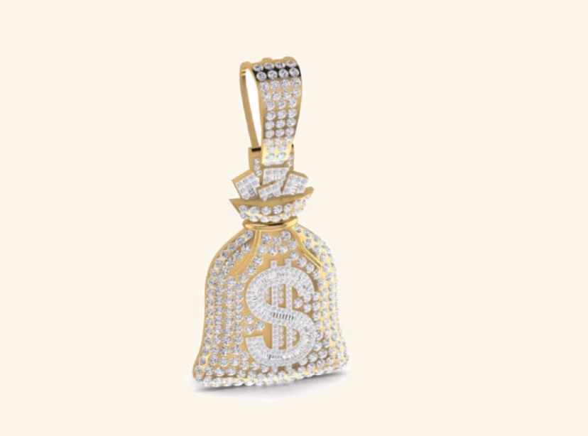 Iced money-bag pendant with baguette dollar-sign and fully pavé body.