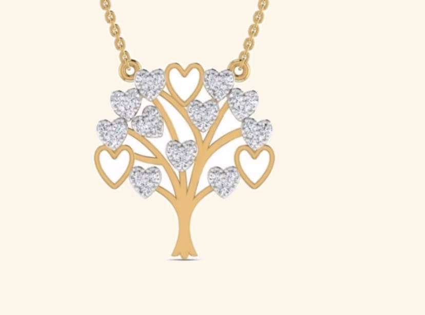 Tree of life pendant with mixed solid and pavé heart-shape leaves.