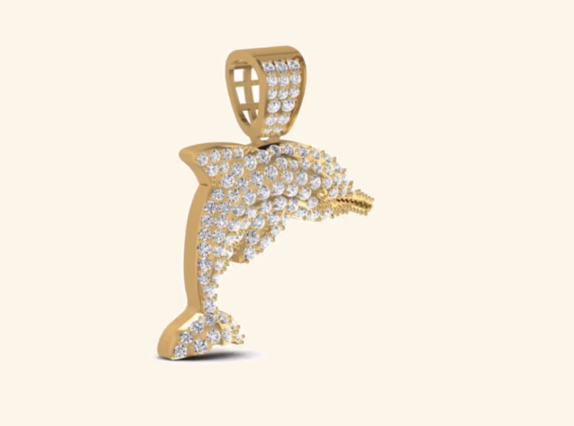 3D dolphin pendant with pavé body and openwork pavé bail.