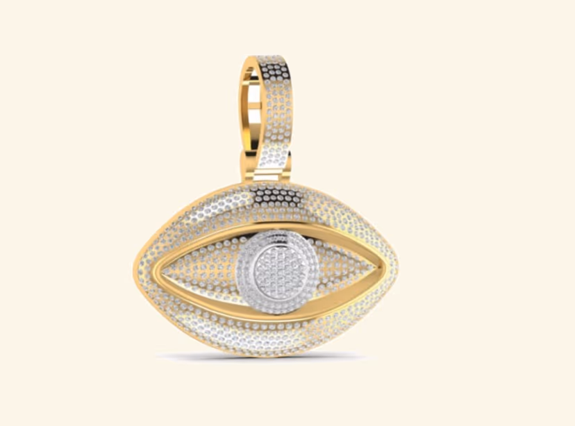 Two-tone evil-eye almond pendant with central pavé pupil.