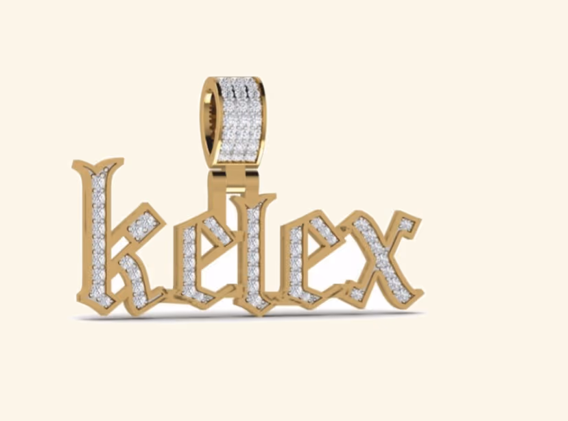 Old-English script kelex pavé nameplate pendant.