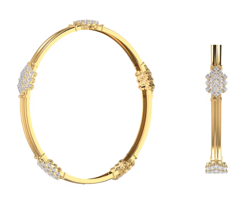 Polished oval statement bangle with diamond cluster stations.