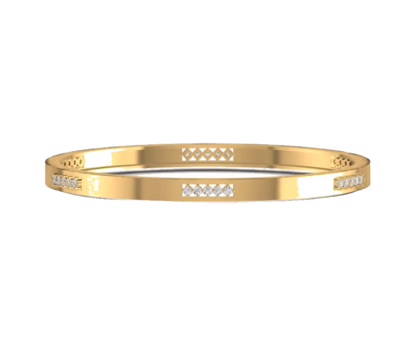 Flat gold bangle with geometric diamond stations and polished edges.