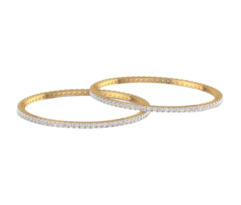 Diamond tennis bangle pair with continuous two-tone setting.