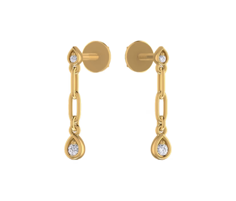 Linear chain drop earrings with diamond pear accents.