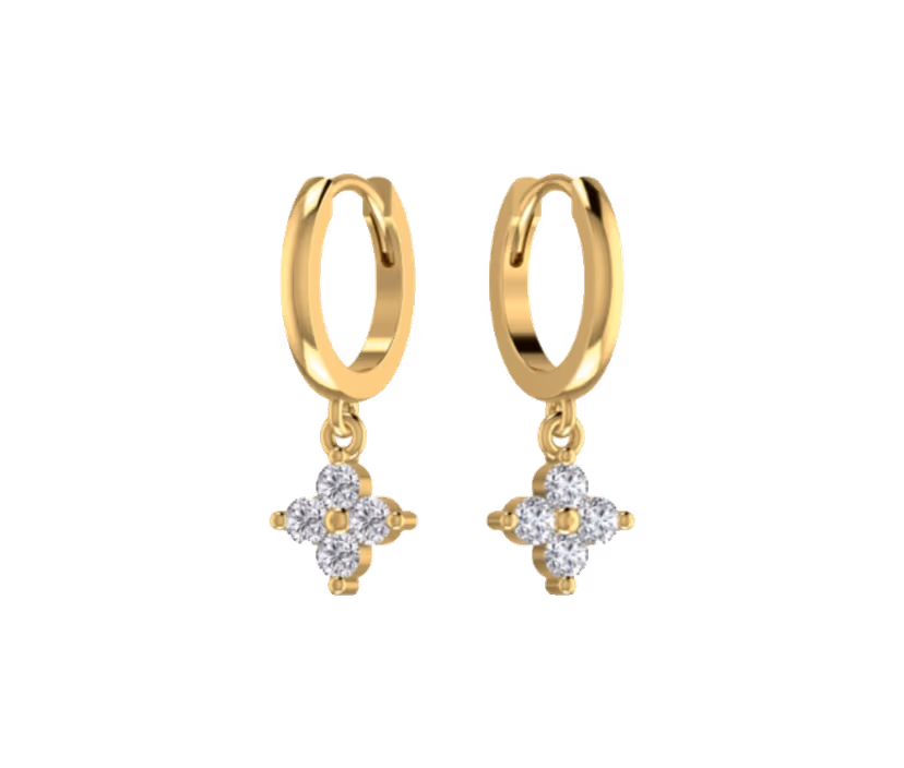 Diamond drop hoop earrings with floral cluster pendant.