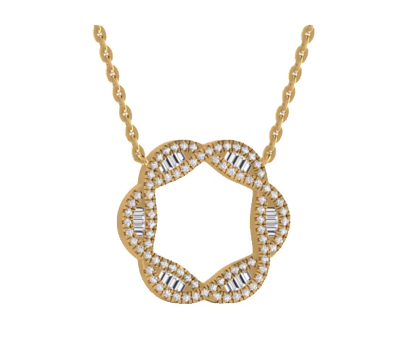 Open-circle halo pendant with pavé diamond border.