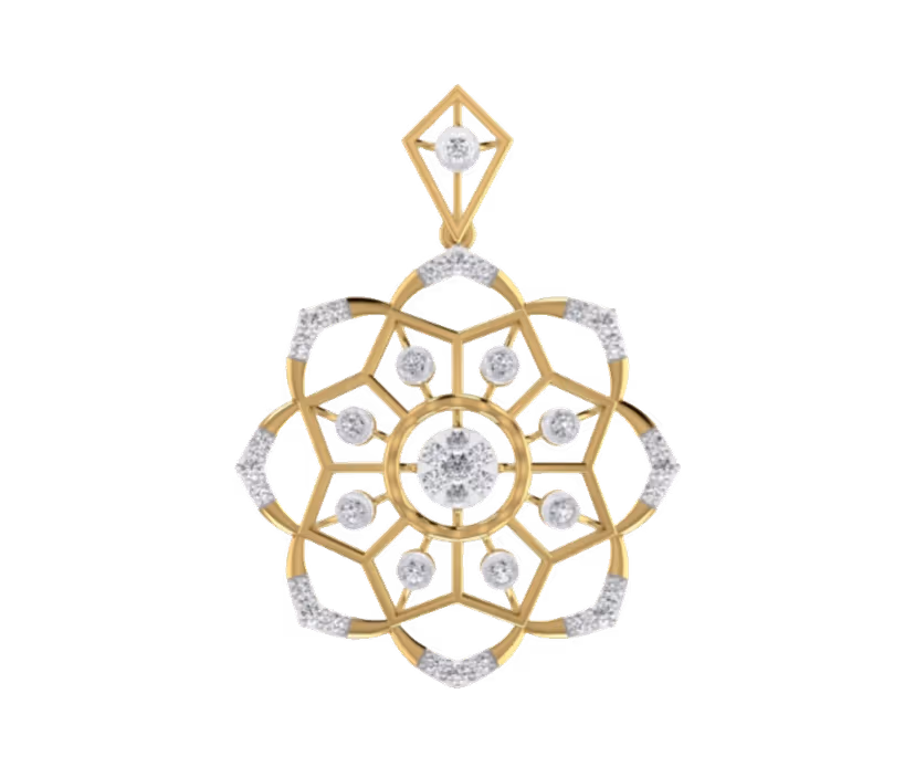 Mandala diamond pendant with delicate radial pattern.