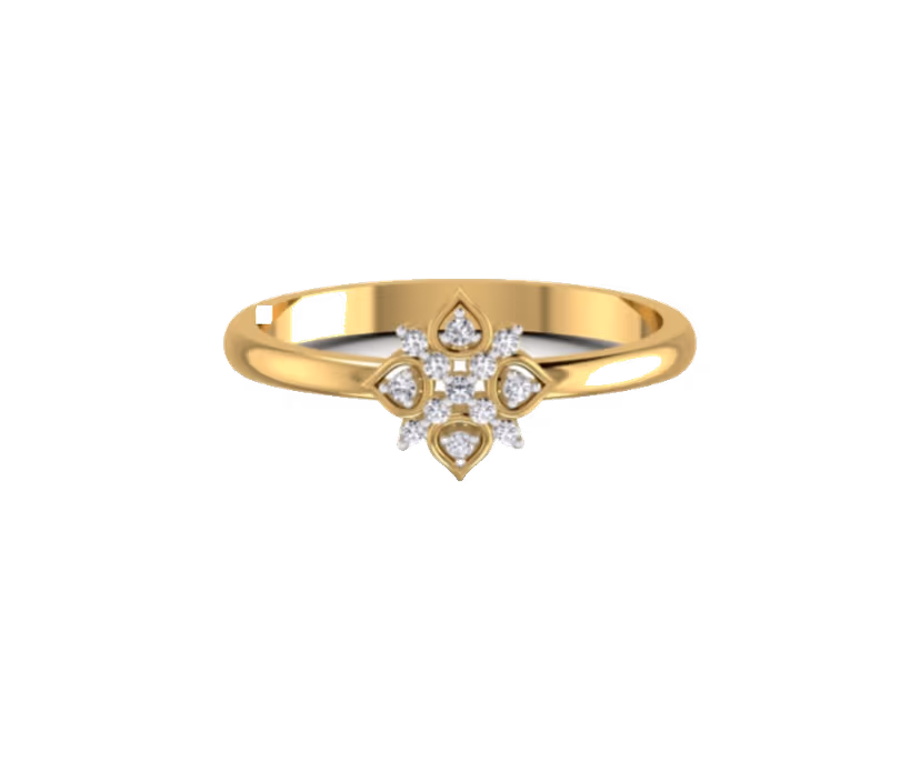 Pavé floral cluster ring with petal-set diamond center.