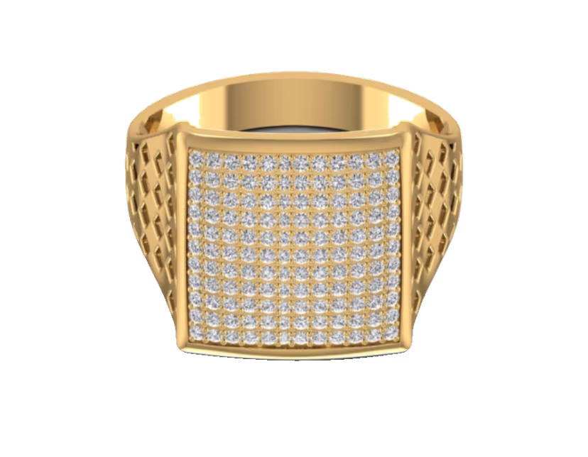 Tall rectangular pavé face framed by gold lattice galleries on a heavy band.