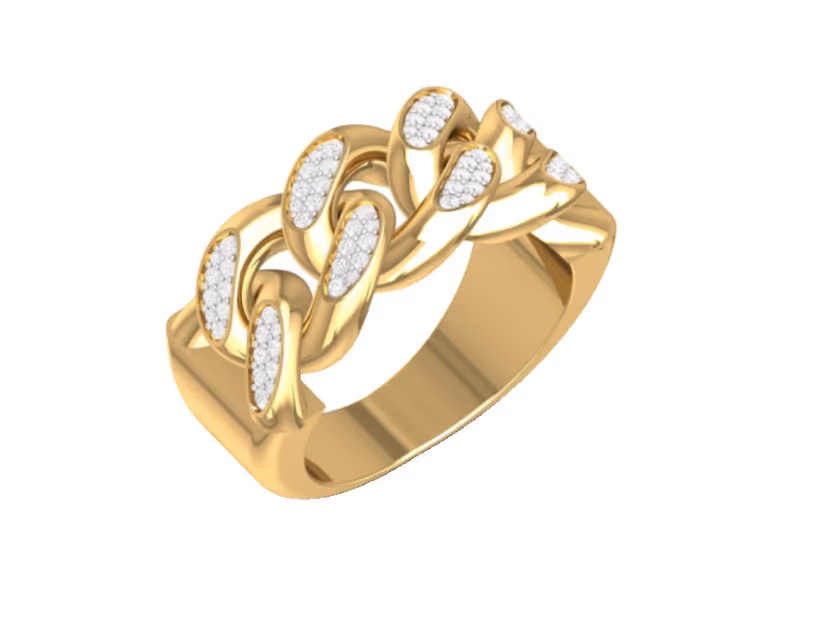 Cuban-link half band with alternating gold links and pavé-set diamond stations.