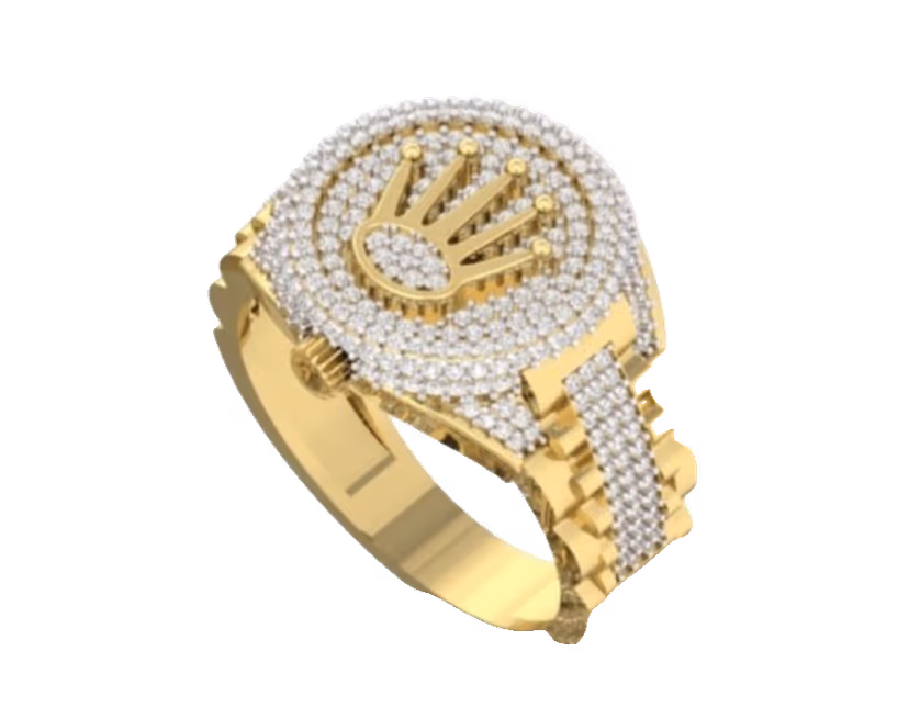 Crown emblem on a pavé halo with jubilee-style iced link shoulders.