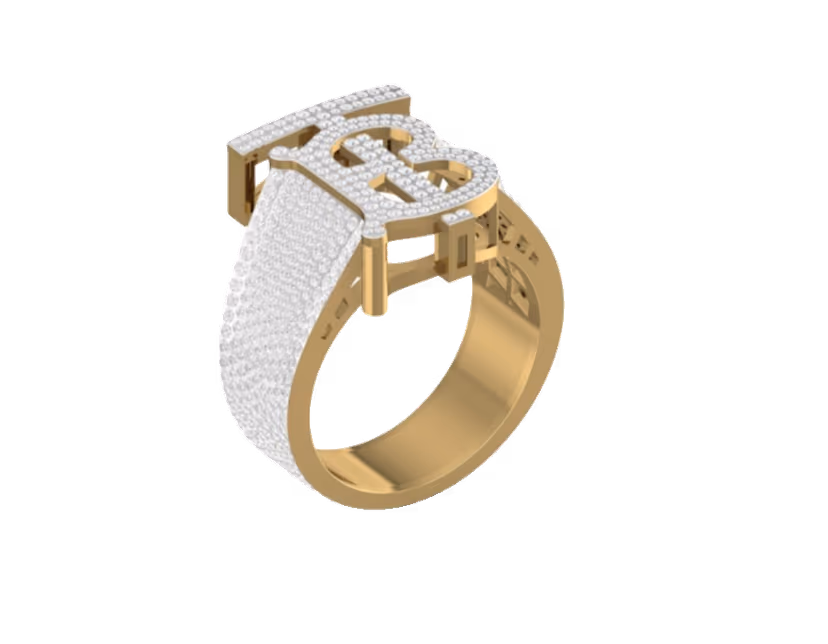 Old-English monogram letter pavé-set on a broad iced statement band.