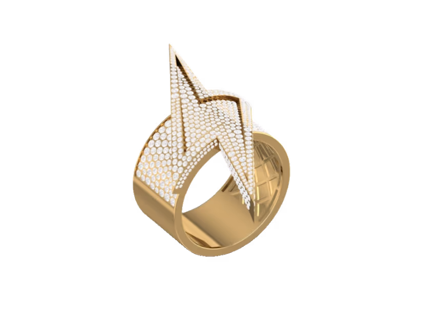 Pavé lightning-bolt motif sweeping diagonally across a wide gold ring.