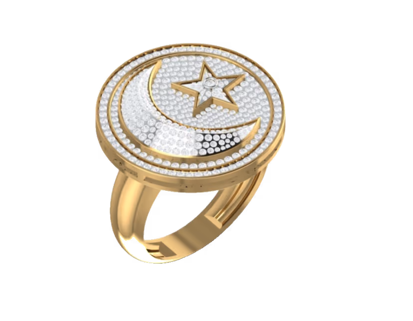 Crescent-and-star emblem raised on a fully iced round signet face.