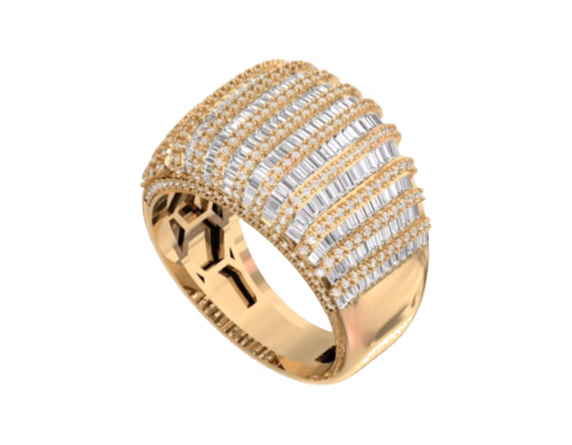 Wide cocktail dome with radiating channel-set baguette stripes and pavé borders.