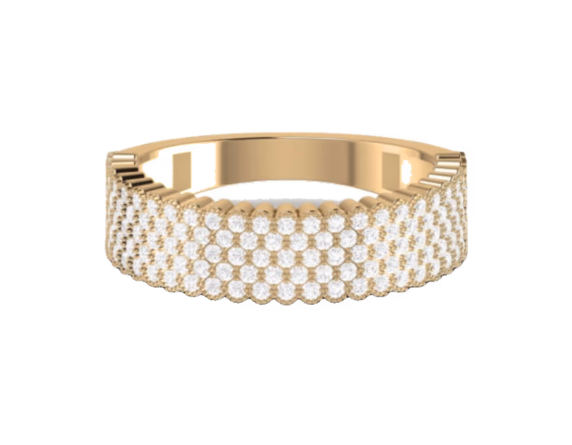 Four-row pavé band with ribbed shoulders and a continuous diamond surface.