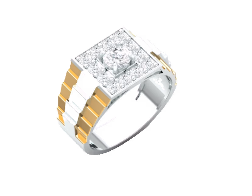 Round halo solitaire flanked by two-tone Rolex-style link shoulders.