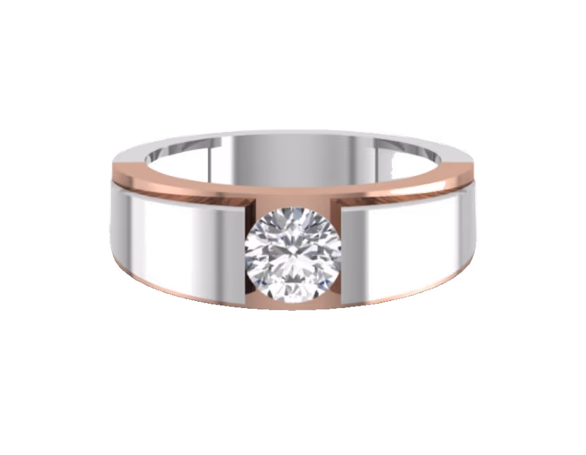 Two-tone tension solitaire with a single round between gold-bordered white panels.