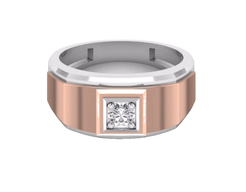 Two-tone rose-and-white signet with a flush-set diamond on a bevelled band.