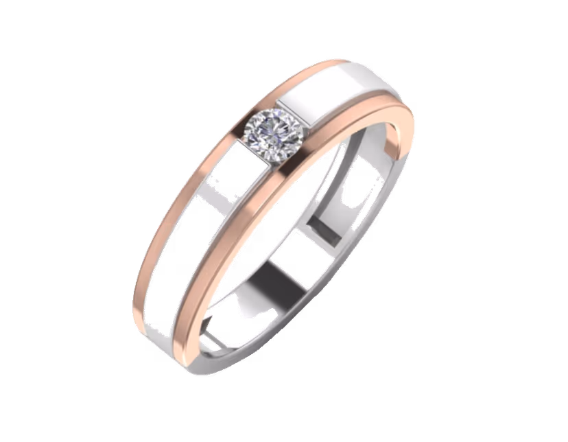Slim two-tone band with rose channels framing a single bezel-set round.