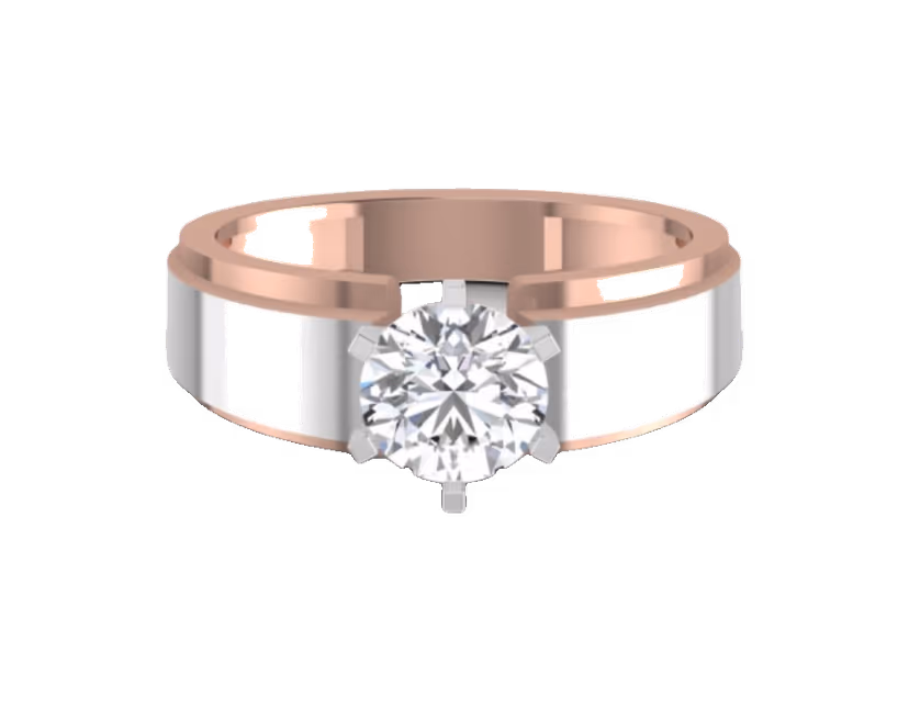Wide two-tone solitaire with a six-prong round on rose-and-white panels.