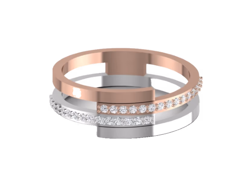 Stacked split open band with rose and white rows over a slim diamond inlay.