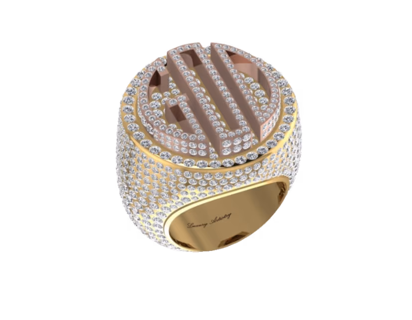 Domed iced signet with a raised monogram and inner Luxury Artistry engraving.