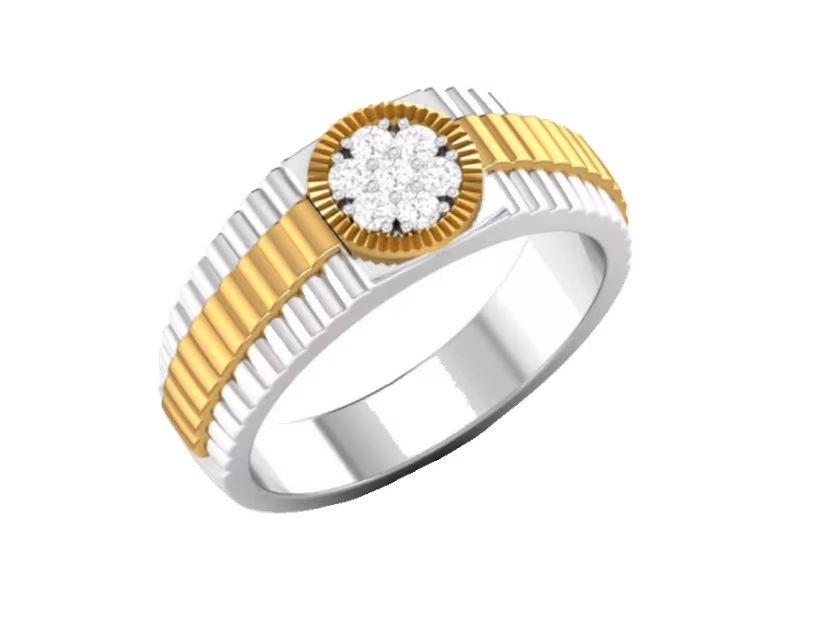 Pavé floral cluster set inside a fluted two-tone Rolex-style band.