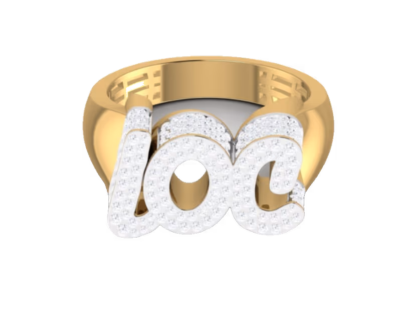 Cursive nameplate ring fully pavé-set in flowing Roman script lettering.