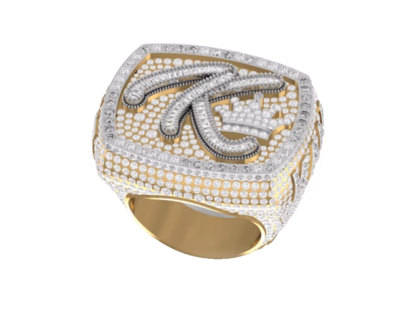 Cushion championship signet with a cursive K emblem and a side crown detail.