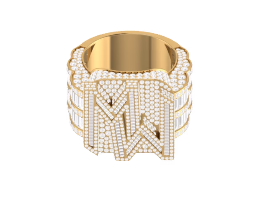 Pavé eternity with a raised baguette MW monogram and column side detail.