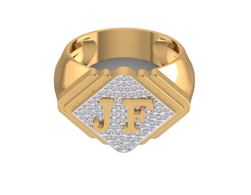 Diamond-shape pavé signet with raised gold JF initials on a faceted band.