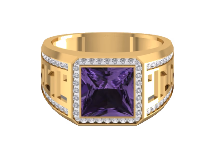 Princess-cut amethyst centre with a pavé halo and openwork Greek-key shoulders.