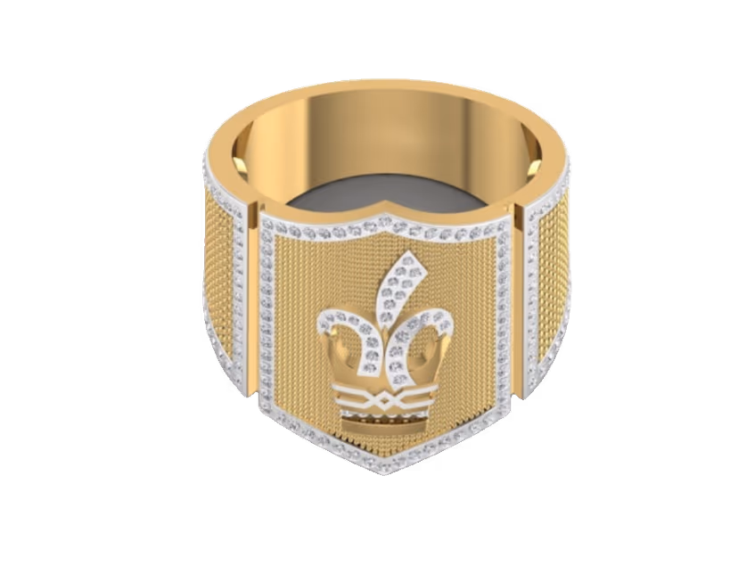 Gold-mesh shield signet with a raised crown emblem and pavé-bordered face.
