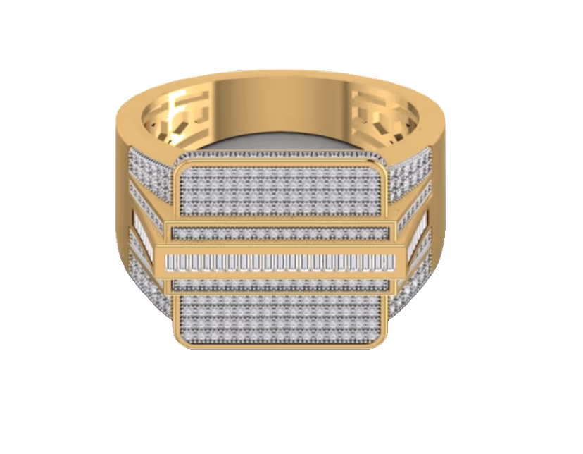 Rectangular signet with horizontal pavé bars wrapping a baguette core.