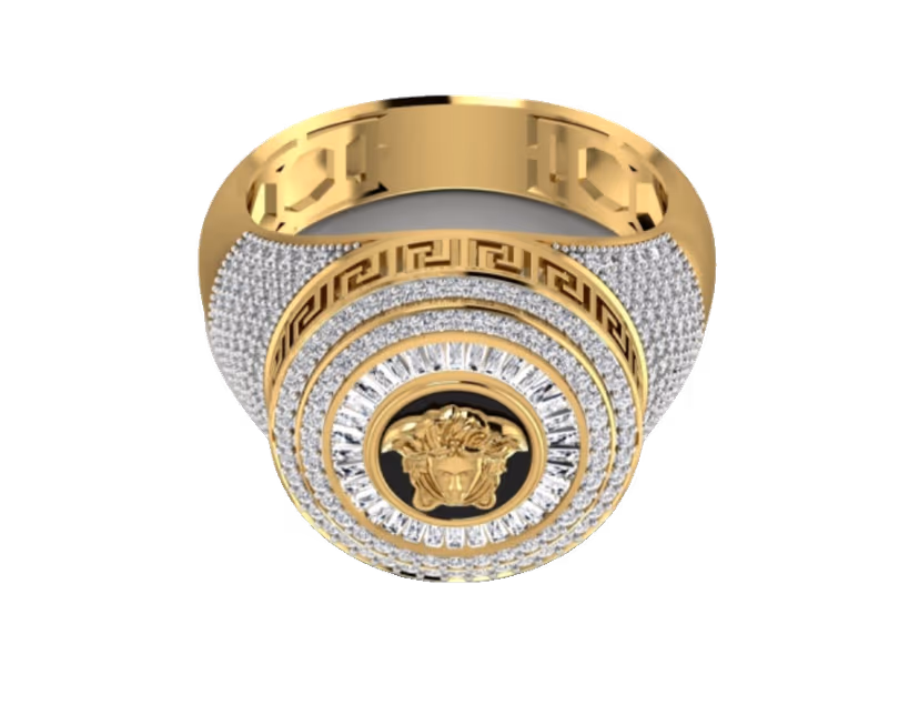 Round Medusa-emblem signet framed by a Greek-key pavé halo.