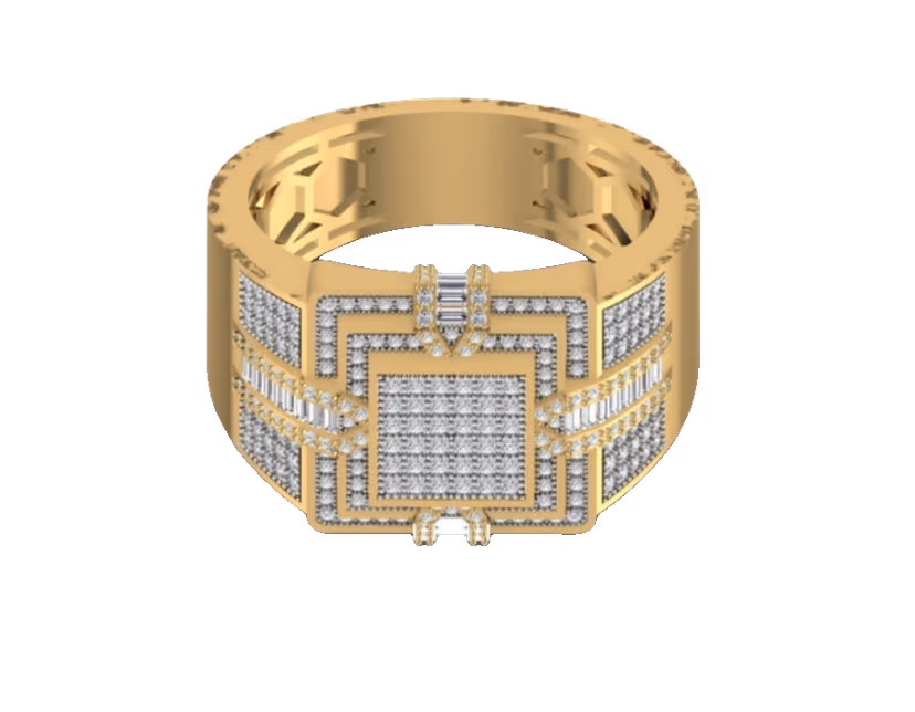 Wide pavé eternity band with a baguette-framed pavé square plaque.