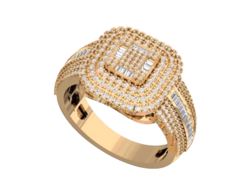 Tiered cushion cluster with a baguette grid centre and concentric pavé halos.