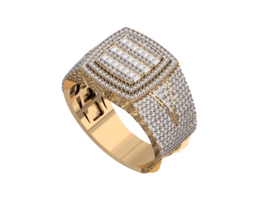 Wide pavé band with a rectangular baguette panel and an engraved flame detail.